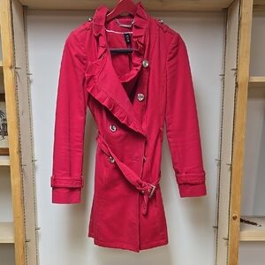 Vibrant Red Trench Coat with Belt and Wide Collar